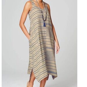 J. Jill Pure Jill Linen Striped Shift Dress Tan Blue Petite Medium Pockets